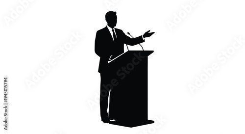 Black silhouette of a man in a suit giving a speech from a podium vector