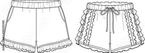 Technical Vector Illustration of Women Casual Lounge Shorts Mockup Set with Ruffle Hem Details and Elastic Waistband Drawstring Fashion Design Flat Sketch Template for Apparel