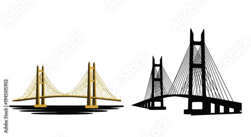 Two depictions of a cable stayed bridge one colorful one silhouetted
