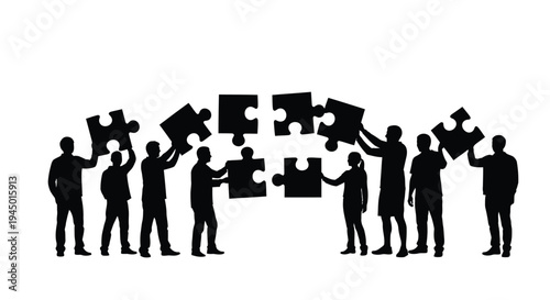 Vector illustration of 8 people holding puzzle pieces in black silhouette