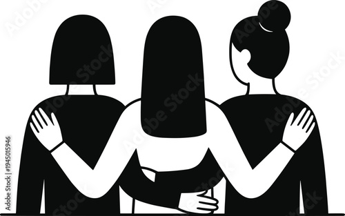 Three women friends hugging from behind silhouette, unity and support concept, female friendship bond isolated on white background, teamwork and solidarity illustration