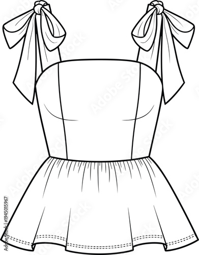 Tie shoulder peplum top technical fashion flat sketch cad drawing vector illustration, sleeveless square neck bodice blouse for apparel design template