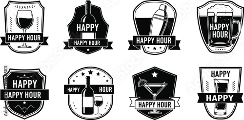 Bar, label, badge, alcohol, drink, cocktail, beer, wine, spirit, restaurant, bistro, vintage, vector, icon, celebration, Happy hour, bar label, drink badge, 