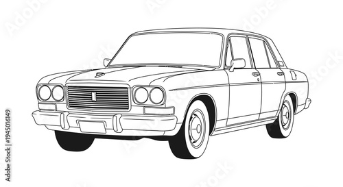 A detailed line drawing depicts a classic sedan from the front showcasing automotive design silhouette