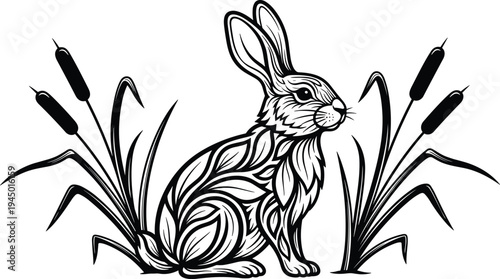 Black and white vector illustration of a rabbit with floral patterns on its fur sitting in a meadow with cattail plants on background
