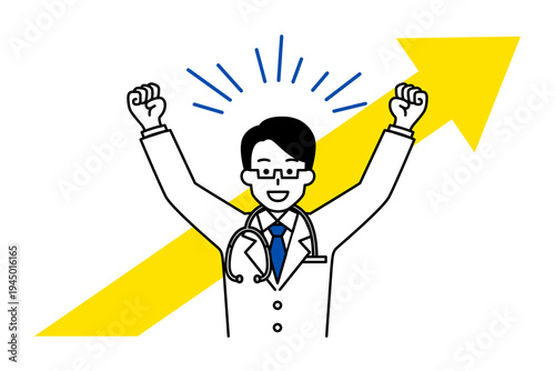 上昇する矢印とバンザイで喜ぶ医師の男性