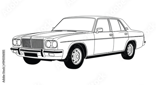 A detailed black and white line drawing of a classic jaguar sedan silhouette high quality professional