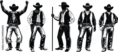 Black and white vector silhouette collection of five western cowboys wearing hats and leather chaps including a rodeo rider with arms raised on white