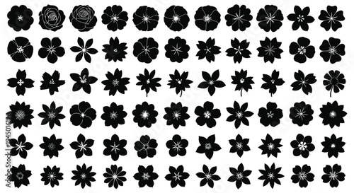 Collection of black silhouettes depicting various flower types in a grid