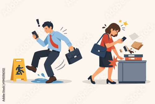 Office Workers Having Accidents Due to Smartphone Distraction: Man Slipping on Wet Floor and Woman Bumping into Desk While Using Mobile Phones, Workplace Safety and Hazard Awareness Illustration.