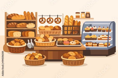 Flat vector illustration of a bakery shop interior with various fresh bread loaves, baguettes, pretzels, donuts, cupcakes, and cakes on shelves and in a display case for a local bake shop.