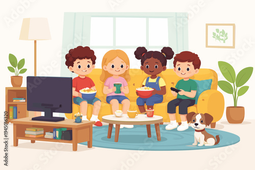 Diverse group of happy children sitting on a yellow sofa in a cozy living room, watching television, eating popcorn, and drinking together with a cute pet dog, simple flat vector illustration.