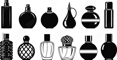 Black and white vector silhouette collection of various luxury perfume bottles and fragrance containers with decorative caps and elegant glass shapes on white background