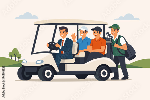 Businessman in a suit driving a white golf cart with two friends and a caddy on a green golf course. Flat vector illustration of men enjoying a game of golf, networking, and leisure outdoors.