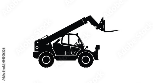 A stark black silhouette of a telescopic handler showcasing its lifting arm and robust tires silhouette