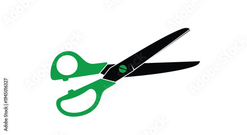 A graphic depiction of open scissors with green and black coloring