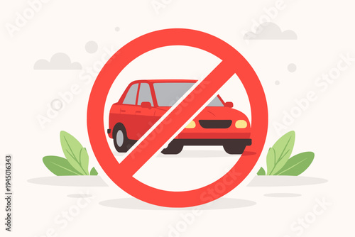 No Entry for Cars Sign Vector Illustration, Red Vehicle Prohibited Symbol in a Flat Style, Car Ban Icon for Environmental Awareness, Urban Traffic Restriction and Pedestrian Zone Concept Art