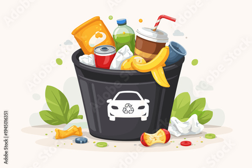 Flat vector illustration of a black trash can overflowing with waste like soda cans and plastic bottles, featuring a car recycling symbol, perfect for environmental and waste management concepts.