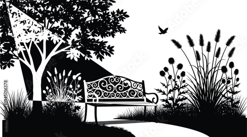 Black and white vector silhouette of a wrought iron garden bench under a leafy tree in a peaceful park with ornamental grasses and flowers.