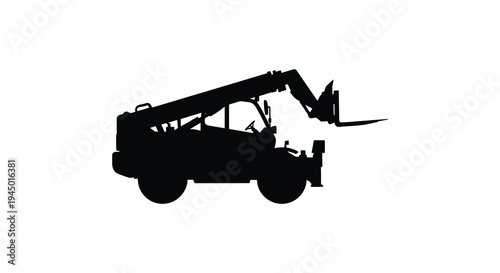 A stark black silhouette of a telescopic handler machine against a bright white backdrop silhouette
