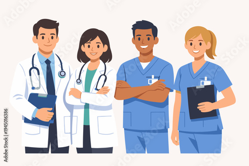 Diverse Medical Team of Doctors and Nurses in Uniform. Male and Female Healthcare Professionals Standing Together. Flat Vector Illustration of Hospital Staff with Stethoscopes and Clipboards.