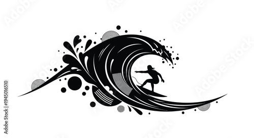 Vector surfing wave icon with surfer silhouette and splash