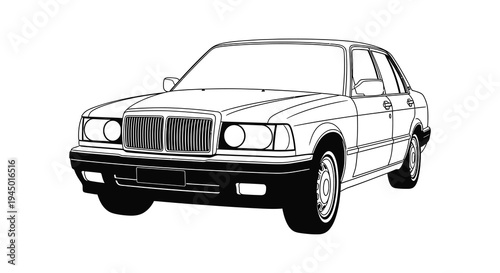 Classic sedan vehicle illustration detailed line art rendering showcasing automotive design black and white silhouette high quality professional