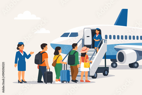 Passengers boarding a commercial airplane with friendly flight attendants welcoming them. People with luggage and backpacks queuing on stairs to enter the aircraft. Flat vector travel illustration.