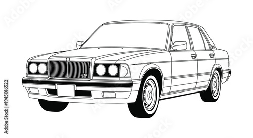 A detailed black and white line drawing of a classic sedan automobile showcasing a striking silhouette