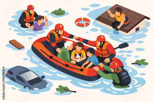 Rescue team in an inflatable boat saving flood victims including children, elderly man, and a dog during a natural disaster emergency, isometric flat vector illustration of water rescue operation.