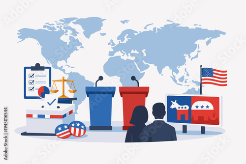 US Presidential Election Concept Illustration with Red and Blue Podiums, Ballot Box, US Flag, Donkey and Elephant Symbols, and World Map Background for Political Campaign and Voting Themes