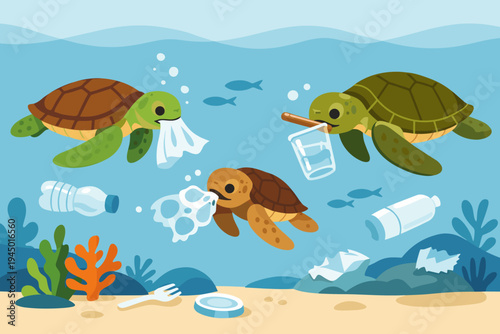 Environmental ocean pollution illustration featuring sea turtles eating plastic waste, bags, and bottles underwater, highlighting the impact of human trash on marine life and ecosystems.