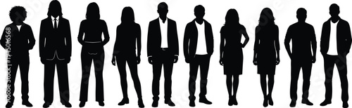 Black silhouette collection of diverse men and women in casual and formal business attire standing in a row isolated on a white background