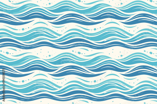 Seamless Background Pattern of Stylized Blue Sea Waves, Simple Flat Vector Illustration of Ocean Water Ripples with Bubbles and Foam, Ideal for Nautical Summer Themes and Textile Surface Design