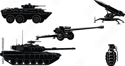 Black Military Silhouette Set Featuring Heavy Battle Tank Armored Personnel Carrier Rocket Launcher Field Artillery Gun and Fragmentation Hand Grenade for Combat Design Assets