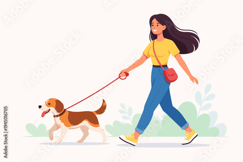 Happy Young Woman Walking Her Beagle Dog on a Red Leash, Flat Vector Illustration of a Girl Exercising with Her Pet Outdoors, Lifestyle Concept for Pet Care, Daily Routine, and Healthy Activity