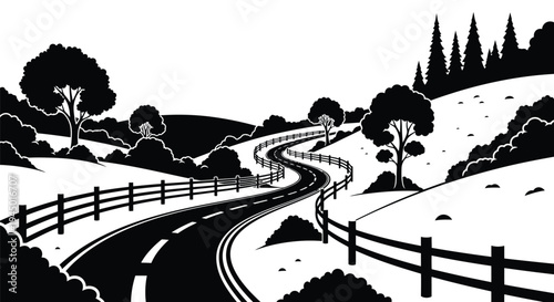 A winding road travels through a scenic hilly landscape in black and white