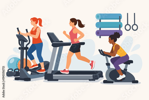 Three women exercising in a gym using a treadmill, elliptical, and stationary bike, flat vector illustration of diverse people working out for health and fitness in a modern sports center.