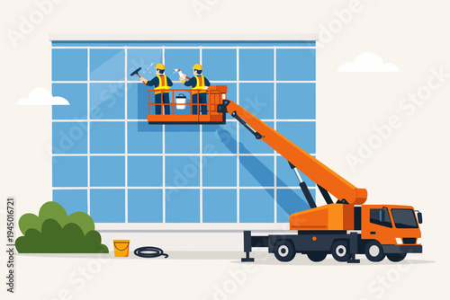 Professional window cleaners in safety vests and helmets using a hydraulic crane lift to wash the glass facade of a modern office building, flat vector illustration of industrial maintenance.