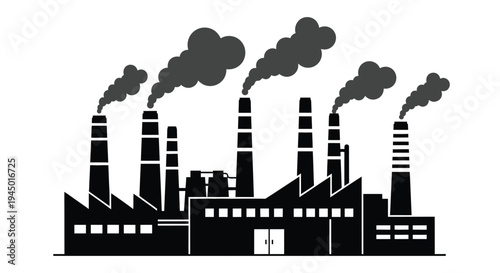 Industrial complex with multiple smokestacks emitting dark plumes of pollution