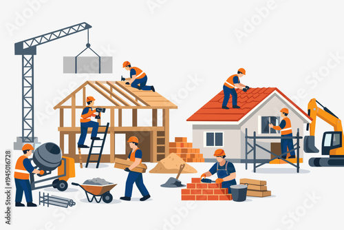 Construction Workers Building Houses on Site with Industrial Equipment like Crane Excavator and Cement Mixer Professional Team Working on Residential Project Flat Vector Illustration