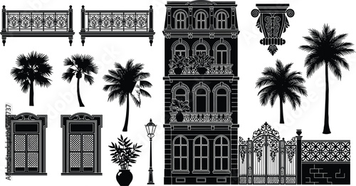 Black silhouette collection of French architectural elements including classic building facade wrought iron gates balcony railings windows street lamp and tropical palm trees on white