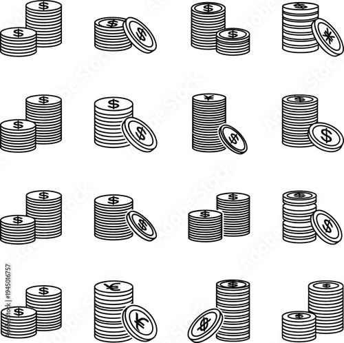 Outline vector icons of coin stacks with dollar, euro, and yen currency symbols. Financial, banking, investment, and wealth concepts in minimalist line art.