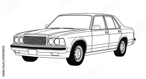 A detailed linear illustration of a classic sedan showcasing its boxy design silhouette high quality professional