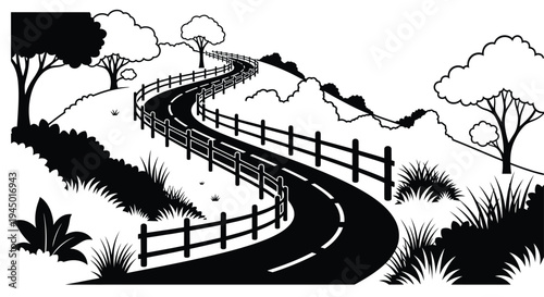 A winding road curves through a hilly landscape with trees and foliage