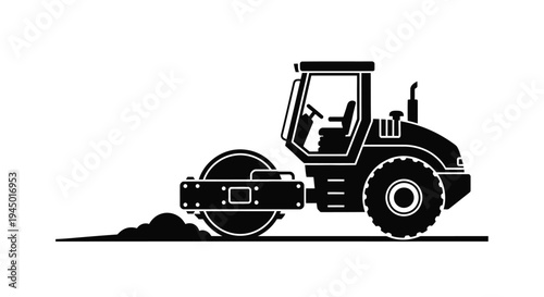 Black and white illustration of a road roller construction vehicle