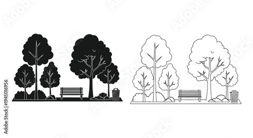 Black and white illustration of trees benches and park elements