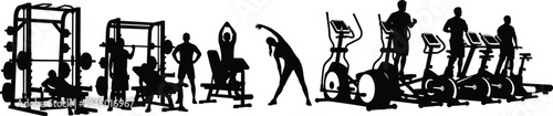 Black silhouette collection of people exercising in a gym featuring weightlifting on benches using elliptical machines stationary bikes and performing stretching routines on white