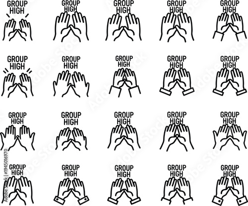 Group high five outline vector icons. Multiple hands joining together representing teamwork, collaboration, business partnership, and unity concept in minimalist line art.