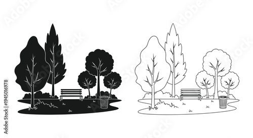 Black and white illustration of trees park bench and trash can